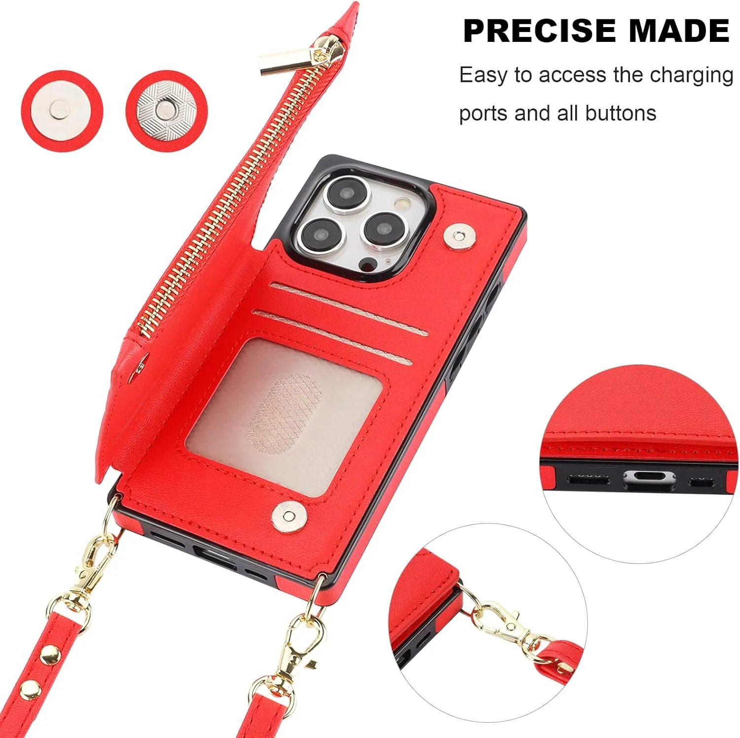 Bocasal Crossbody Wallet Case for iPhone 15 Pro with RFID Blocking Card Slot Holder, Magnetic Flip Folio Purse Case, PU Leather Zipper Handbag with Detachable Lanyard Strap 6.1 Inch 5G (Red)