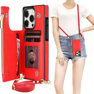 Bocasal Crossbody Wallet Case for iPhone 15 Pro with RFID Blocking Card Slot Holder, Magnetic Flip Folio Purse Case, PU Leather Zipper Handbag with Detachable Lanyard Strap 6.1 Inch 5G (Red)