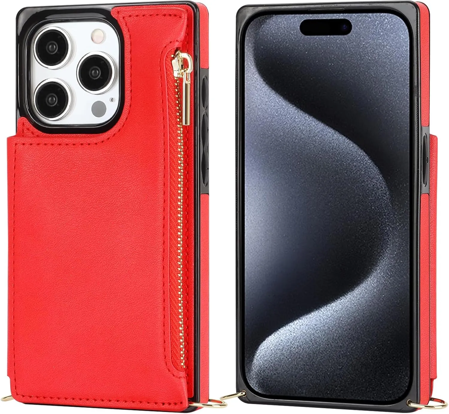 Bocasal Crossbody Wallet Case for iPhone 15 Pro with RFID Blocking Card Slot Holder, Magnetic Flip Folio Purse Case, PU Leather Zipper Handbag with Detachable Lanyard Strap 6.1 Inch 5G (Red)