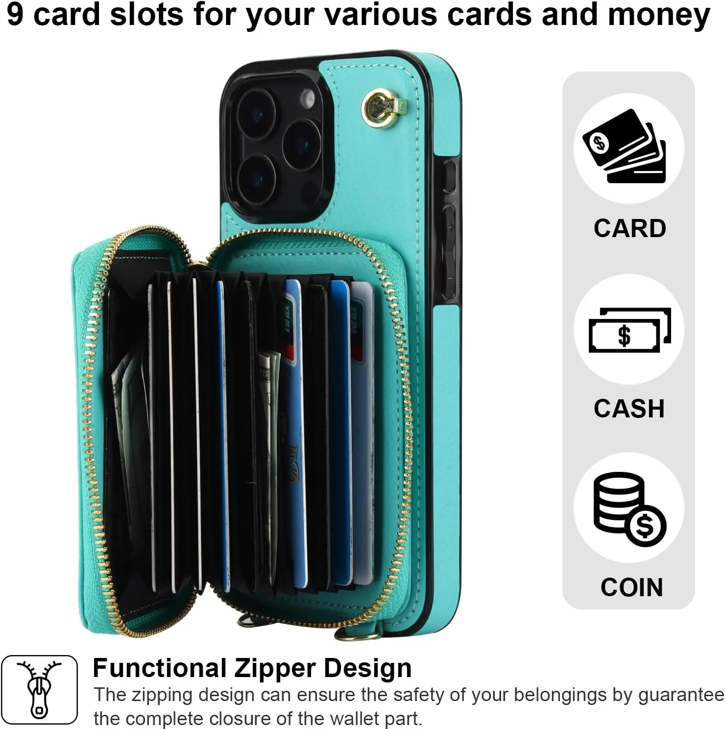 Bocasal Crossbody Wallet Case for iPhone 16 Pro Max, RFID Blocking Leather Purse Case with Card Holder, Protective Handbag Flip Cover with Zipper Wrist Strap Lanyard for Women 5G 6.9 Inch (Mint Green)