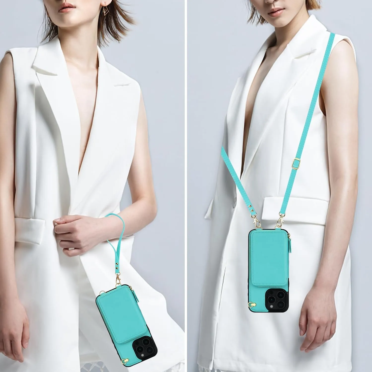 Bocasal Crossbody Wallet Case for iPhone 16 Pro Max, RFID Blocking Leather Purse Case with Card Holder, Protective Handbag Flip Cover with Zipper Wrist Strap Lanyard for Women 5G 6.9 Inch (Mint Green)