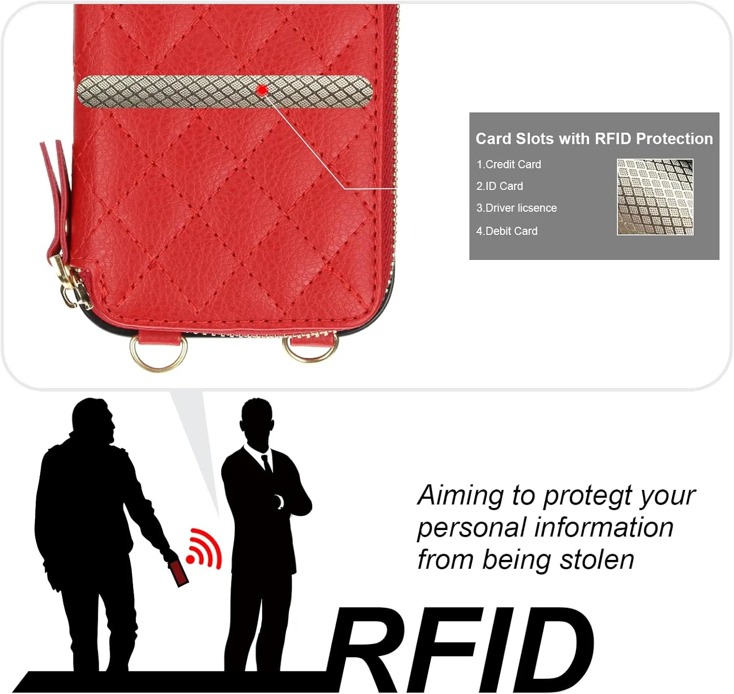Bocasal Crossbody Wallet Case for iPhone 16 Pro, RFID Blocking PU Leather Zipper Handbag Purse Flip Cover, Kickstand Folio Case with Card Slots Holder Wrist Strap Lanyard 5G 6.3 Inch (Red)
