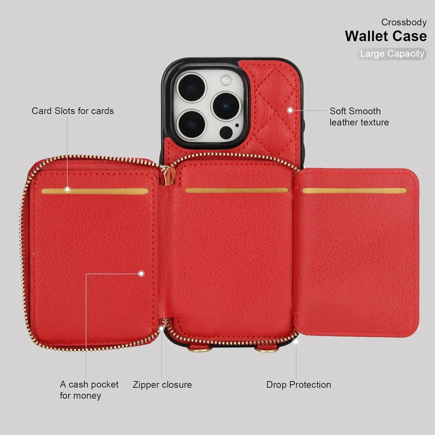 Bocasal Crossbody Wallet Case for iPhone 16 Pro, RFID Blocking PU Leather Zipper Handbag Purse Flip Cover, Kickstand Folio Case with Card Slots Holder Wrist Strap Lanyard 5G 6.3 Inch (Red)