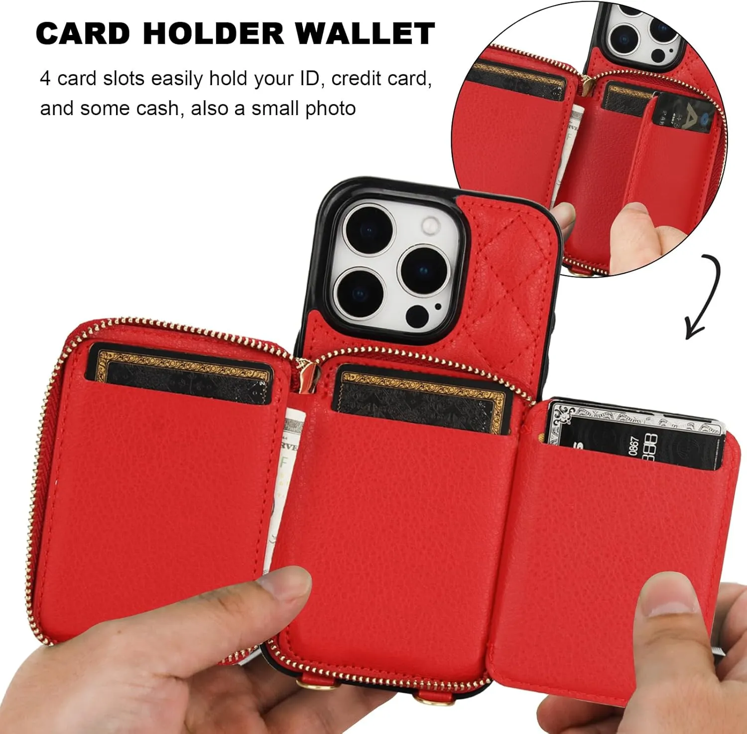 Bocasal Crossbody Wallet Case for iPhone 16 Pro, RFID Blocking PU Leather Zipper Handbag Purse Flip Cover, Kickstand Folio Case with Card Slots Holder Wrist Strap Lanyard 5G 6.3 Inch (Red)