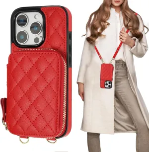 Bocasal Crossbody Wallet Case for iPhone 16 Pro, RFID Blocking PU Leather Zipper Handbag Purse Flip Cover, Kickstand Folio Case with Card Slots Holder Wrist Strap Lanyard 5G 6.3 Inch (Red)