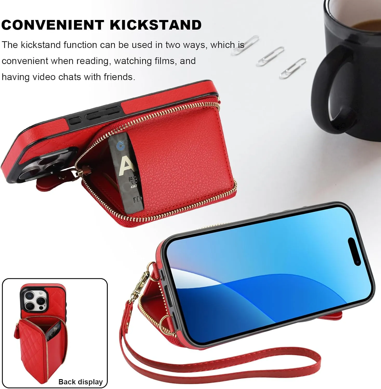 Bocasal Crossbody Wallet Case for iPhone 16 Pro, RFID Blocking PU Leather Zipper Handbag Purse Flip Cover, Kickstand Folio Case with Card Slots Holder Wrist Strap Lanyard 5G 6.3 Inch (Red)