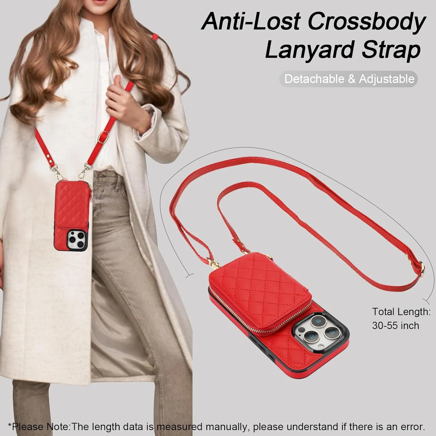 Bocasal Crossbody Wallet Case for iPhone 16 Pro, RFID Blocking PU Leather Zipper Handbag Purse Flip Cover, Kickstand Folio Case with Card Slots Holder Wrist Strap Lanyard 5G 6.3 Inch (Red)