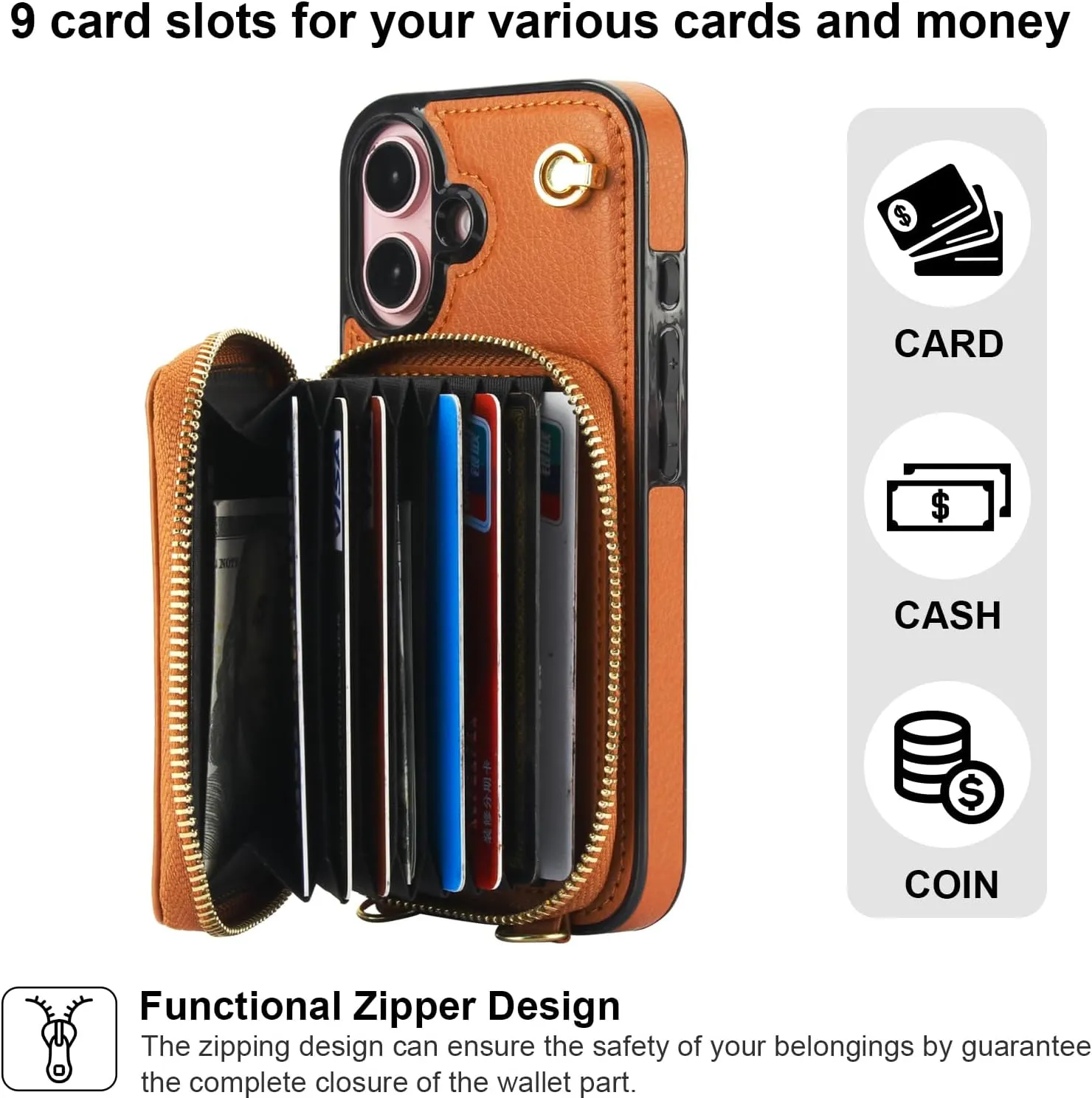 Bocasal Crossbody Wallet Case for iPhone 16, RFID Blocking Leather Purse Case with Card Holder, Protective Handbag Flip Cover with Zipper Wrist Strap Lanyard for Women 5G 6.1 Inch (Brown)