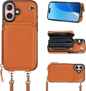 Bocasal Crossbody Wallet Case for iPhone 16, RFID Blocking Leather Purse Case with Card Holder, Protective Handbag Flip Cover with Zipper Wrist Strap Lanyard for Women 5G 6.1 Inch (Brown)
