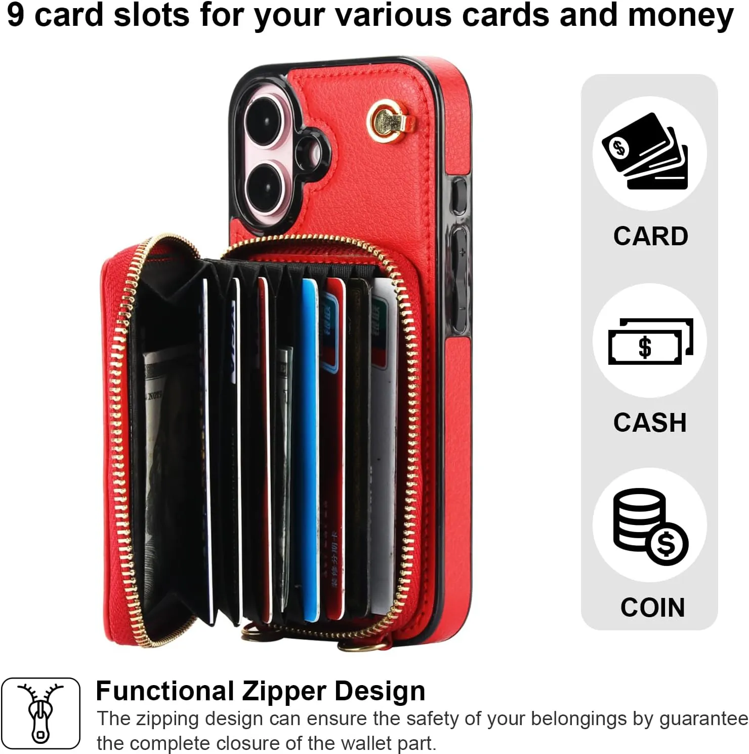 Bocasal Crossbody Wallet Case for iPhone 16, RFID Blocking Leather Purse Case with Card Holder, Protective Handbag Flip Cover with Zipper Wrist Strap Lanyard for Women 5G 6.1 Inch (Red)