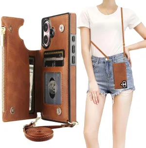 Bocasal Crossbody Wallet Case for iPhone 16 with RFID Blocking Card Slot Holder, Magnetic Flip Folio Purse Case, PU Leather Zipper Handbag with Detachable Lanyard Strap 6.1 Inch 5G (Brown)