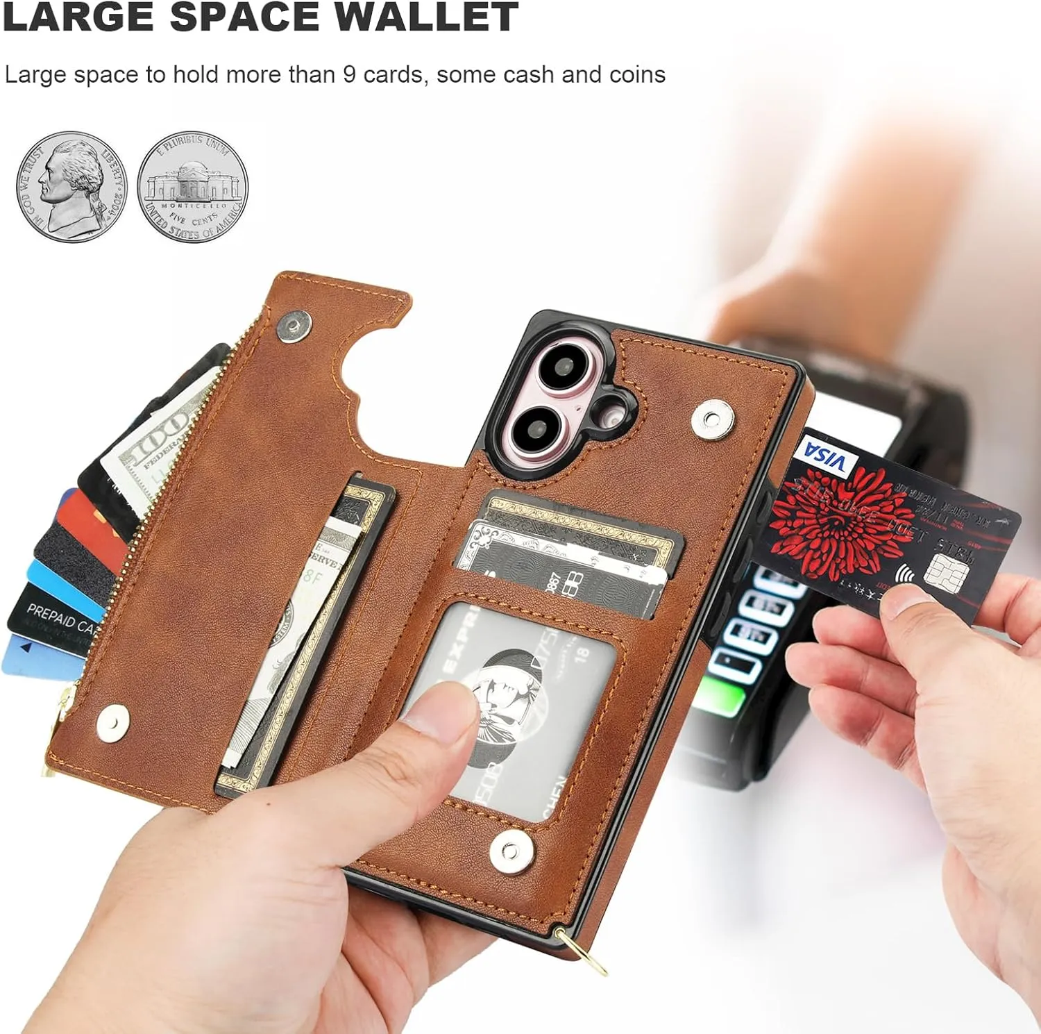 Bocasal Crossbody Wallet Case for iPhone 16 with RFID Blocking Card Slot Holder, Magnetic Flip Folio Purse Case, PU Leather Zipper Handbag with Detachable Lanyard Strap 6.1 Inch 5G (Brown)