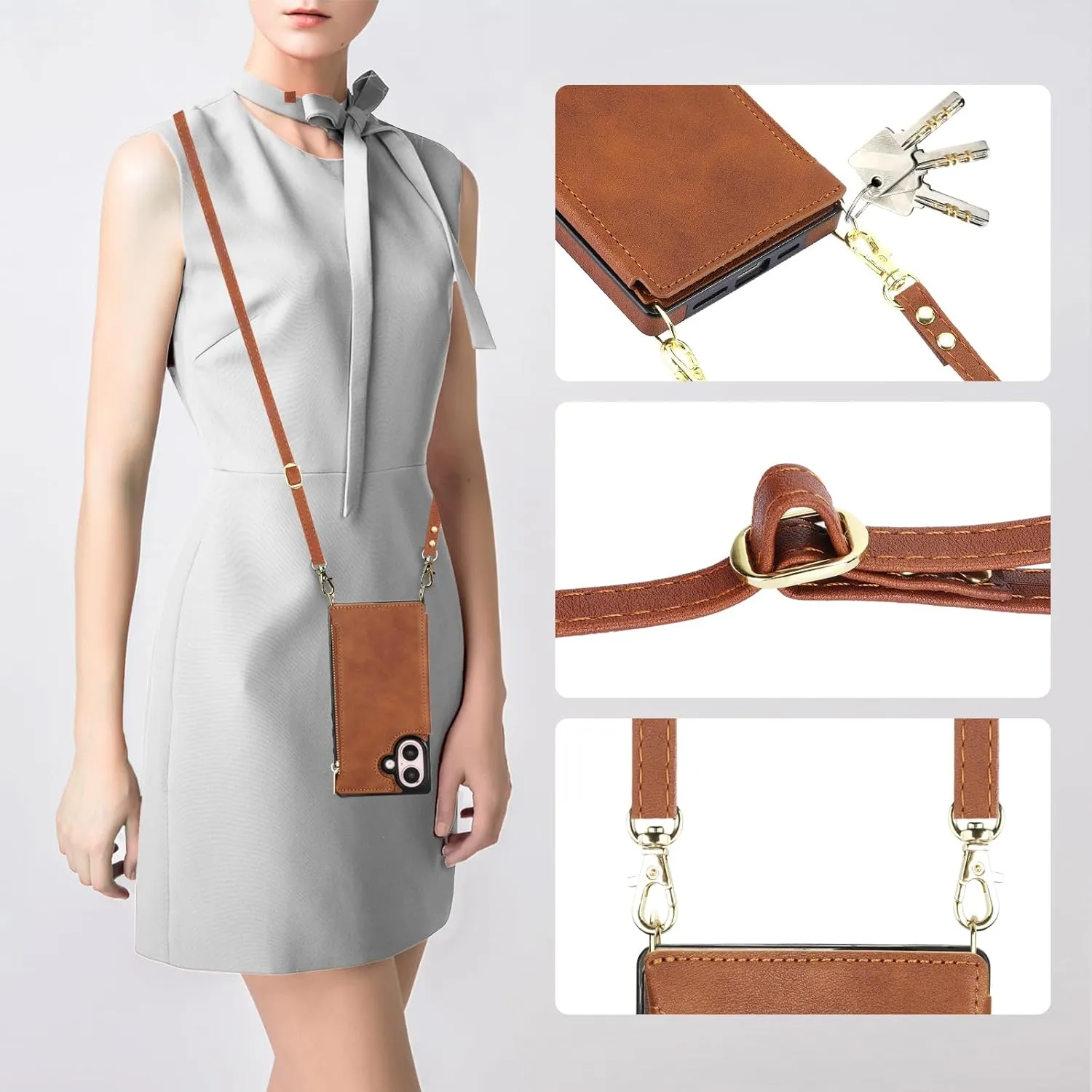 Bocasal Crossbody Wallet Case for iPhone 16 with RFID Blocking Card Slot Holder, Magnetic Flip Folio Purse Case, PU Leather Zipper Handbag with Detachable Lanyard Strap 6.1 Inch 5G (Brown)