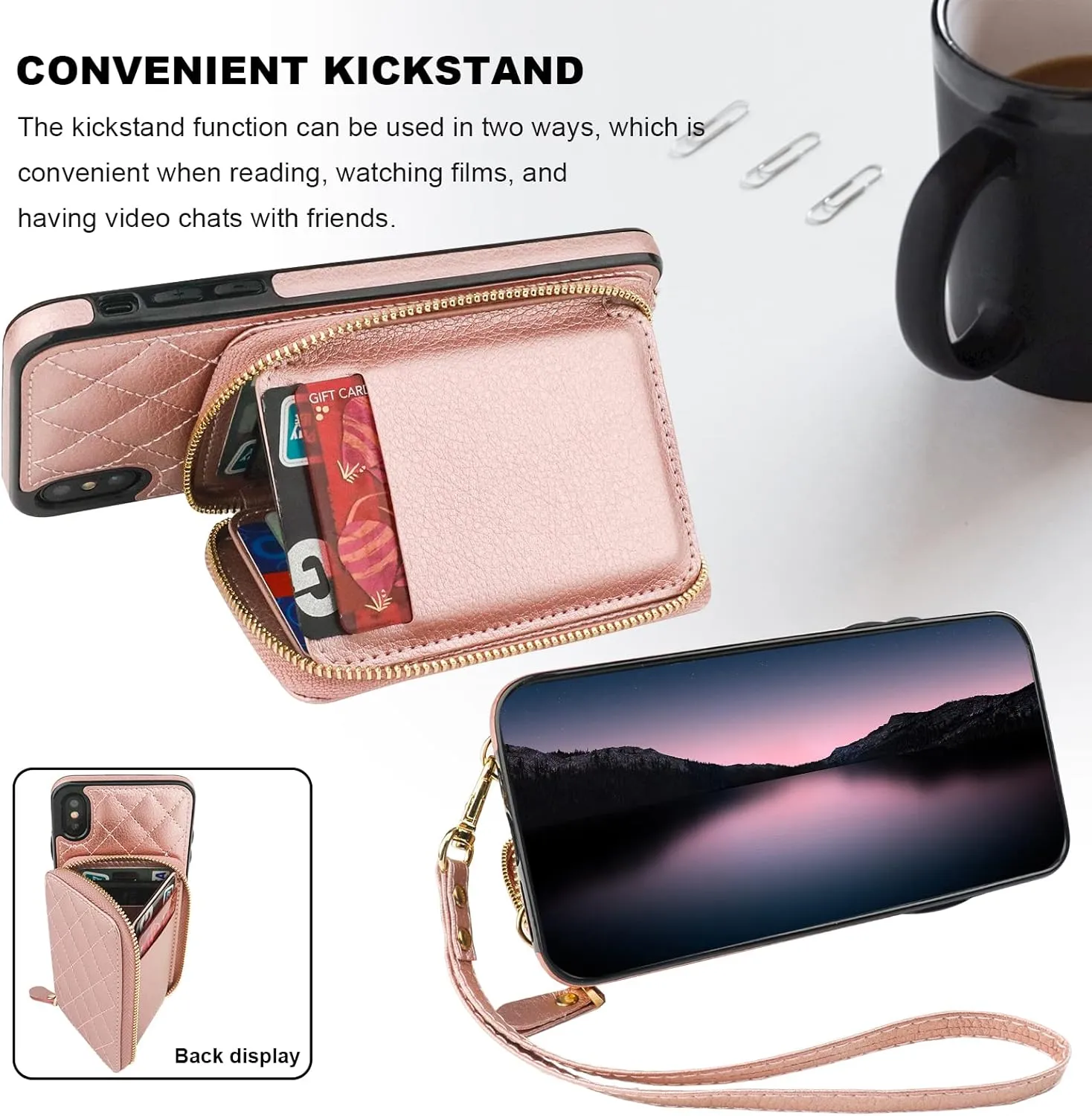 Bocasal Crossbody Wallet Case for iPhone Xs Max, RFID Blocking PU Leather Zipper Handbag Purse Flip Cover, Kickstand Folio Case with Card Slots Holder Wrist Strap Lanyard 6.5 Inch (Rose Gold)