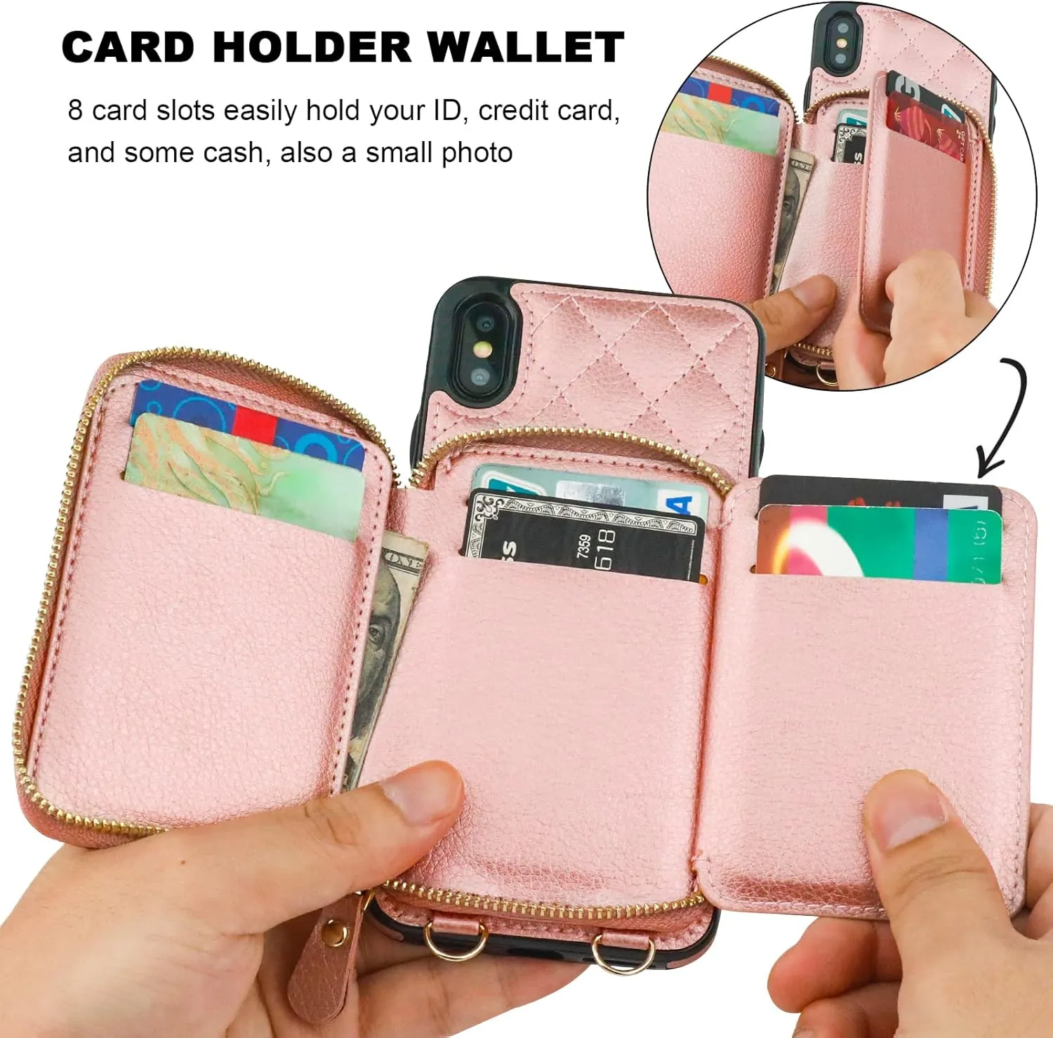 Bocasal Crossbody Wallet Case for iPhone Xs Max, RFID Blocking PU Leather Zipper Handbag Purse Flip Cover, Kickstand Folio Case with Card Slots Holder Wrist Strap Lanyard 6.5 Inch (Rose Gold)