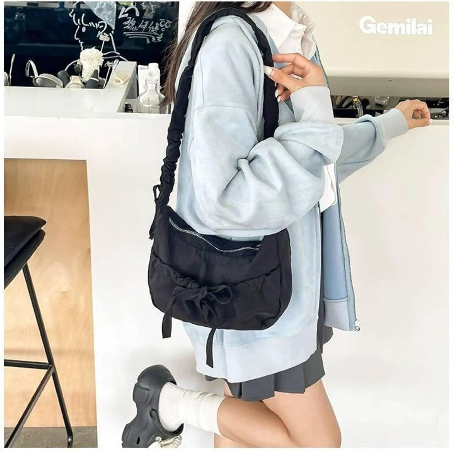 Bow Crinkle Crossbody Bag, Shoulder Bag Cute Tote Bag,Lightweight Foldable Crossbody for Women.