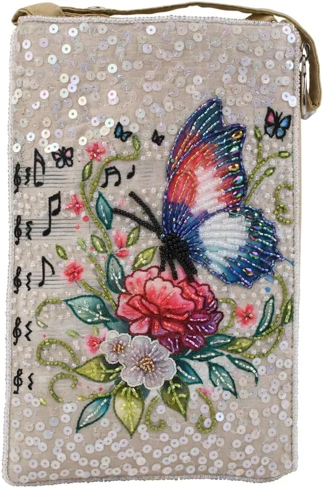 BTC Beaded Crossbody Phone Bag, Natural Symphony Collection, Butterfly Floral Musical Notes Designs, Sequin Embellishments