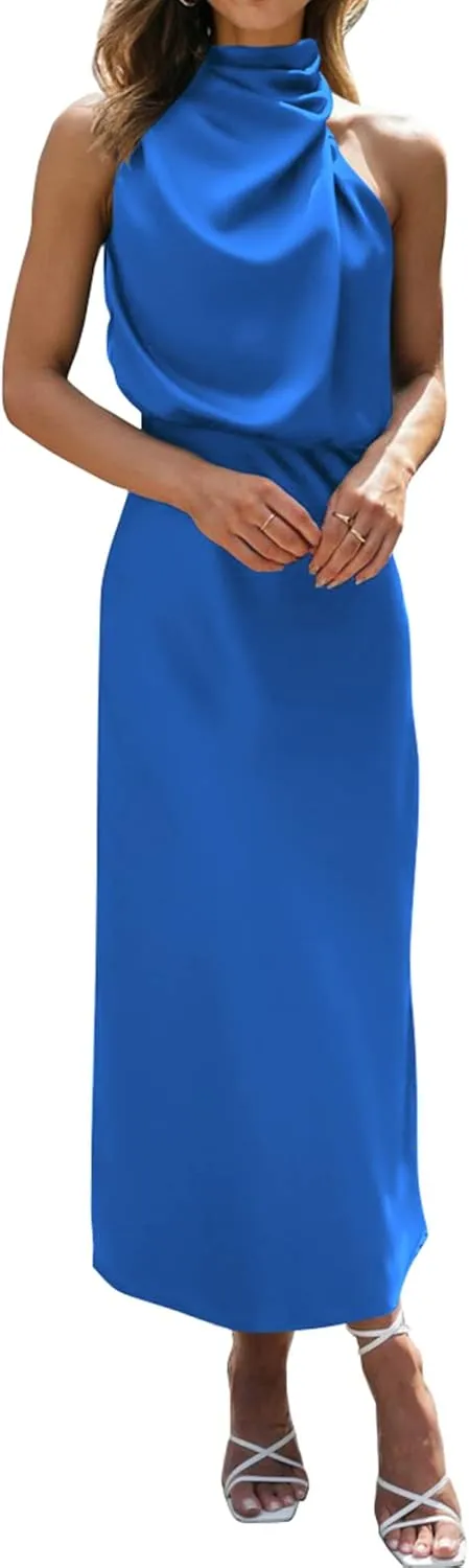 BTFBM Womens Sleeveless Cocktail Dresses Mock Neck Keyhole Elastic High Waist Evening Party Maxi Wedding Guest Dress