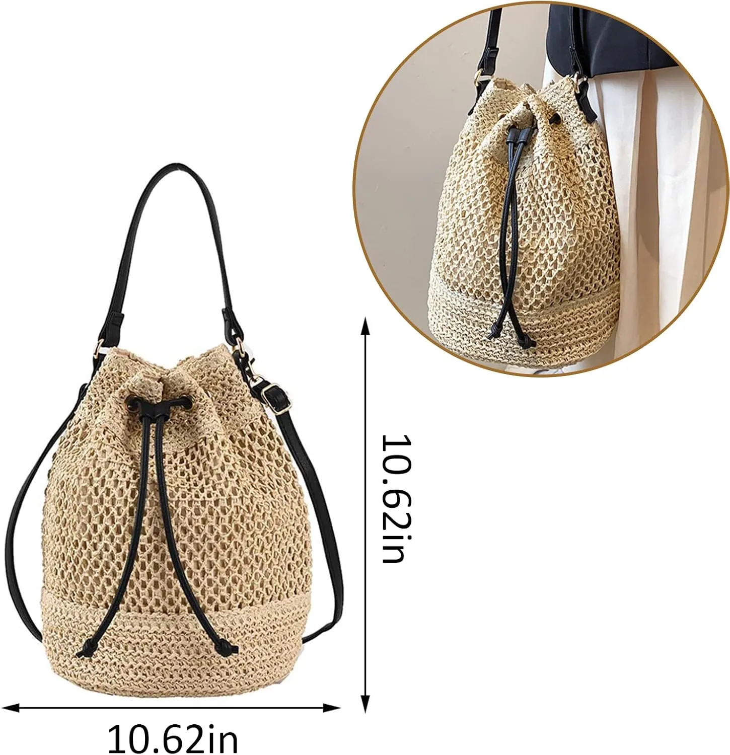 Bucket Straw Handbag, Handmade Tote Bag with Drawstring, Beach Woven Bag Rattan Shoulder Crossbody Basket Purse for Women
