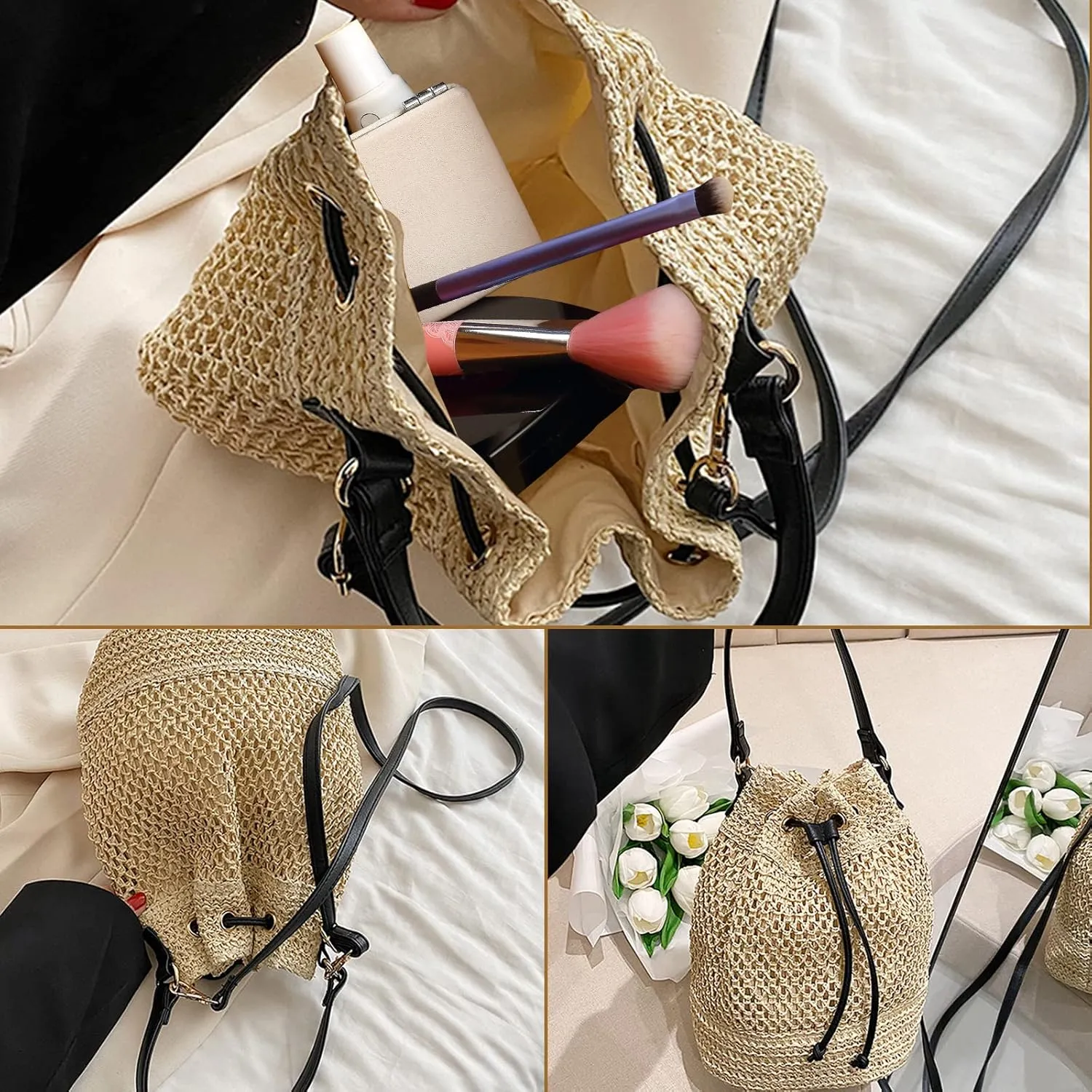 Bucket Straw Handbag, Handmade Tote Bag with Drawstring, Beach Woven Bag Rattan Shoulder Crossbody Basket Purse for Women