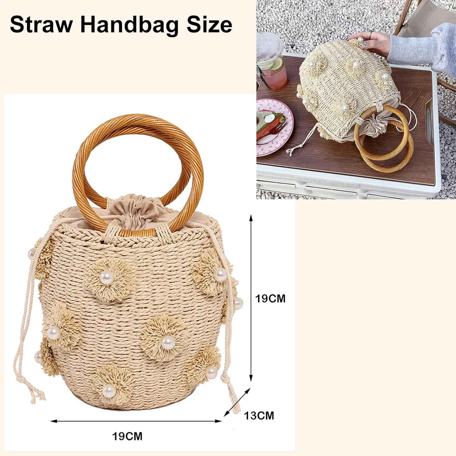 Bucket Straw Handbag, Handmade Tote Bag with Drawstring, Beach Woven Bag Rattan Shoulder Crossbody Basket Purse for Women
