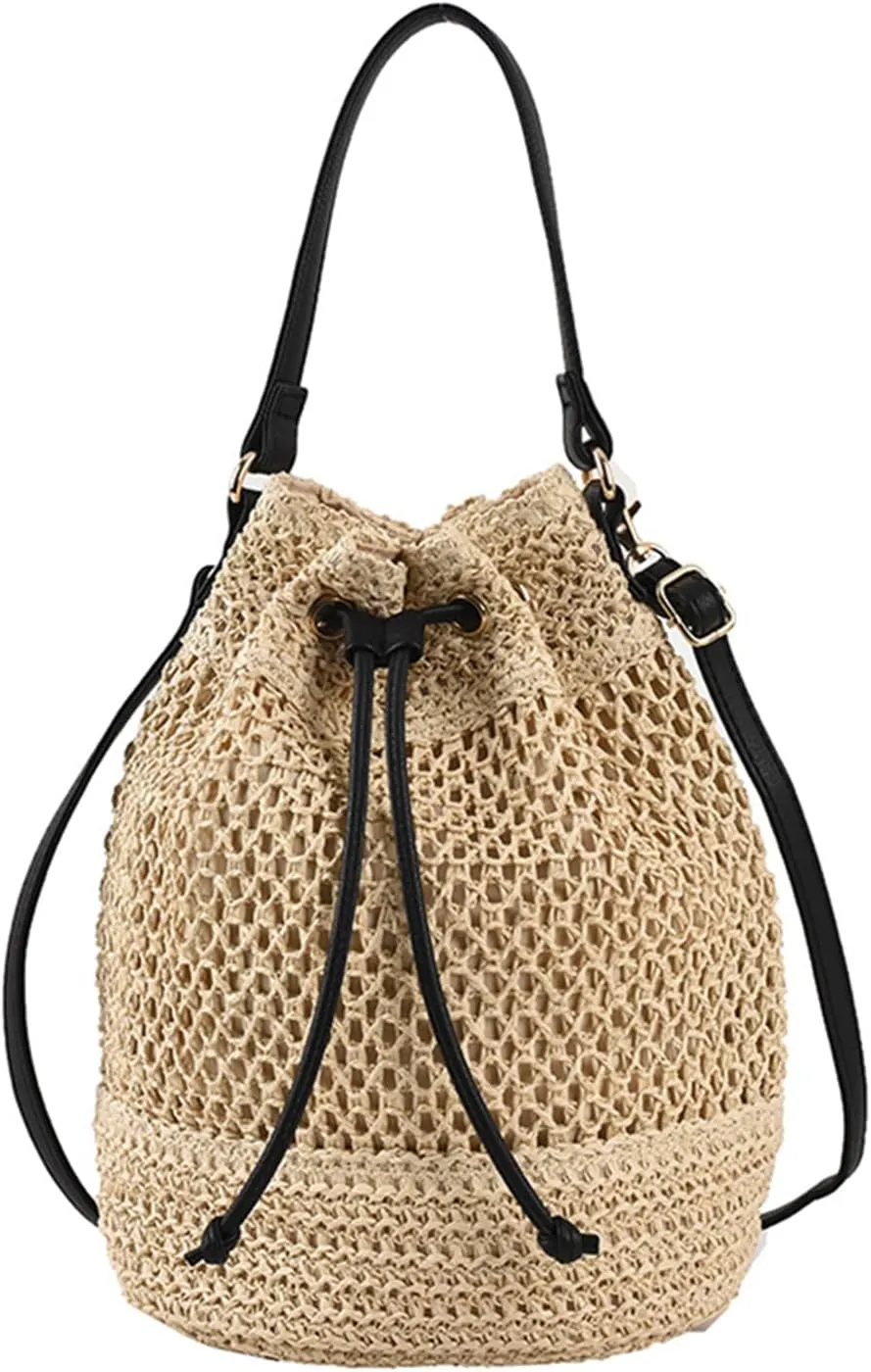 Bucket Straw Handbag, Handmade Tote Bag with Drawstring, Beach Woven Bag Rattan Shoulder Crossbody Basket Purse for Women