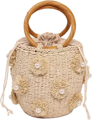 Bucket Straw Handbag, Handmade Tote Bag with Drawstring, Beach Woven Bag Rattan Shoulder Crossbody Basket Purse for Women