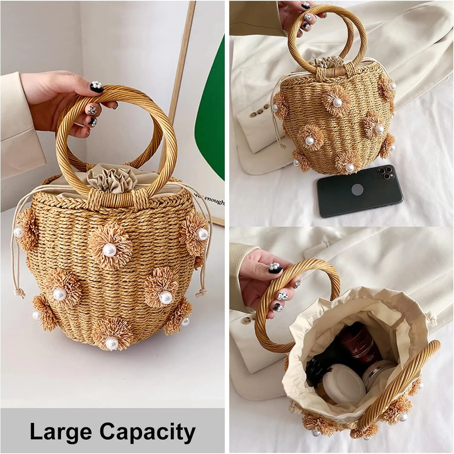 Bucket Straw Handbag, Handmade Tote Bag with Drawstring, Beach Woven Bag Rattan Shoulder Crossbody Basket Purse for Women