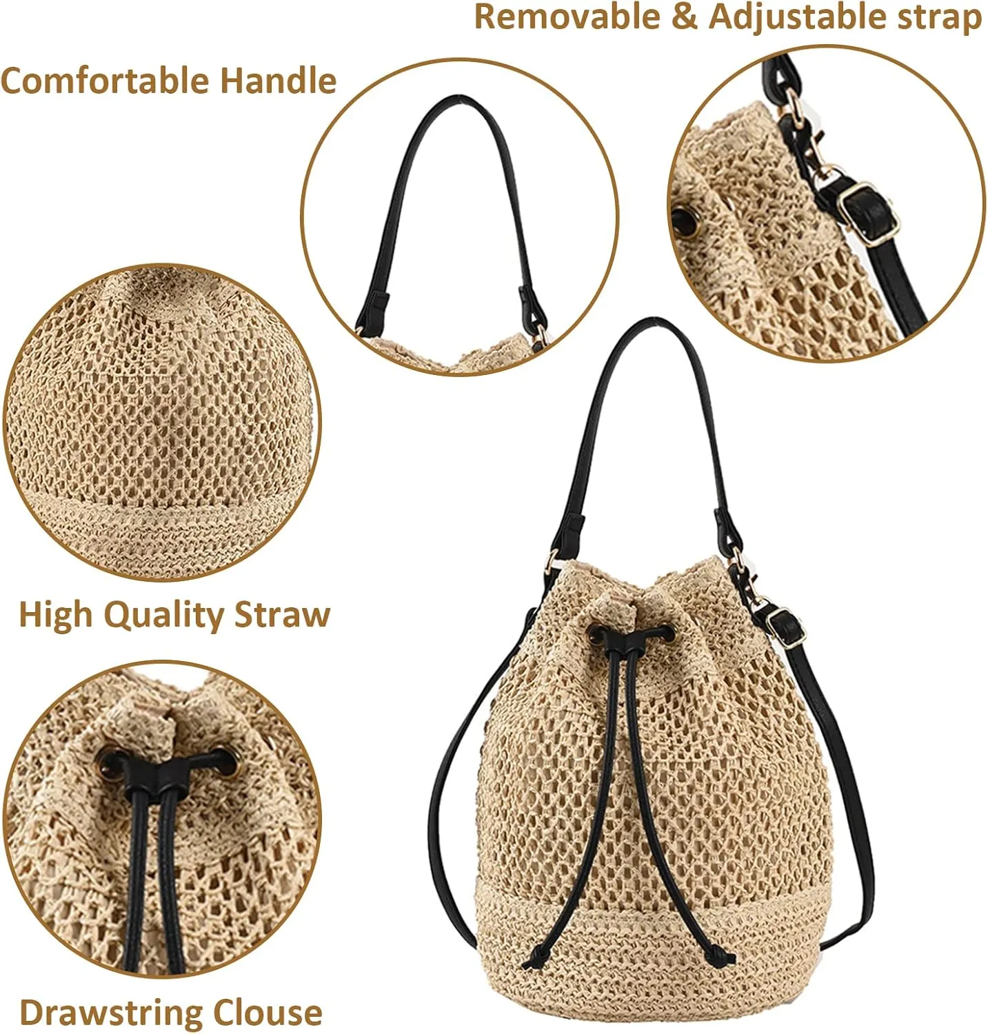 Bucket Straw Handbag, Handmade Tote Bag with Drawstring, Beach Woven Bag Rattan Shoulder Crossbody Basket Purse for Women