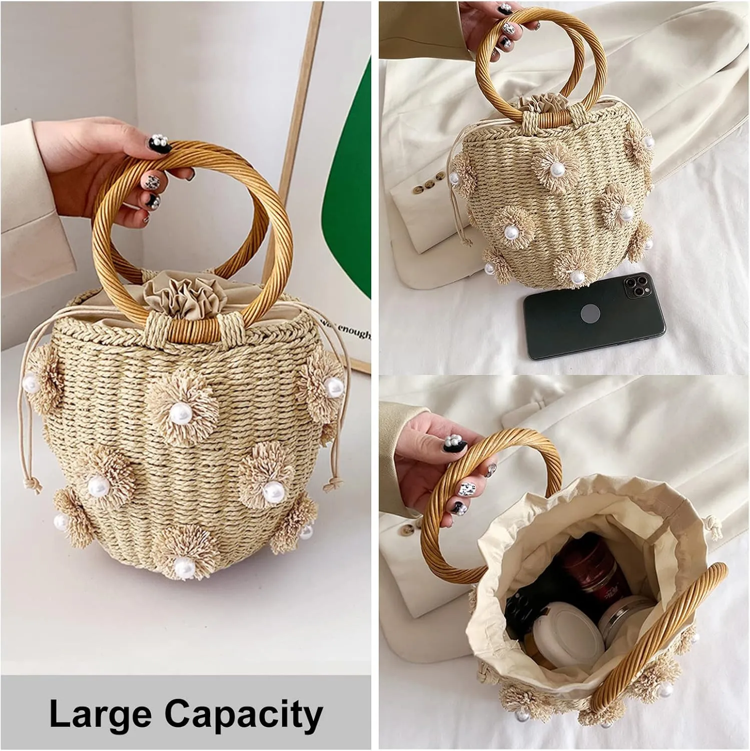 Bucket Straw Handbag, Handmade Tote Bag with Drawstring, Beach Woven Bag Rattan Shoulder Crossbody Basket Purse for Women