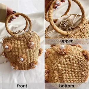 Bucket Straw Handbag, Handmade Tote Bag with Drawstring, Beach Woven Bag Rattan Shoulder Crossbody Basket Purse for Women
