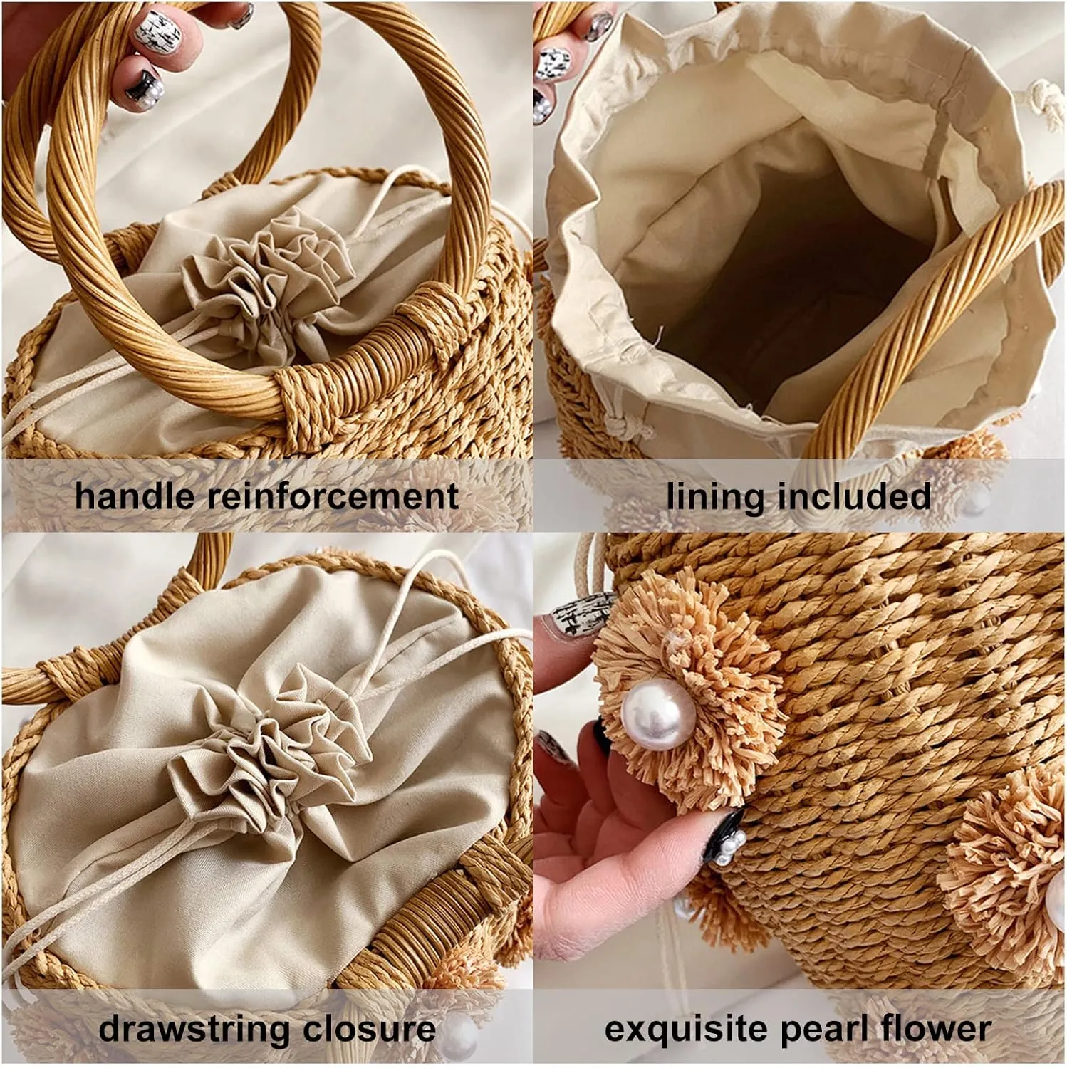 Bucket Straw Handbag, Handmade Tote Bag with Drawstring, Beach Woven Bag Rattan Shoulder Crossbody Basket Purse for Women