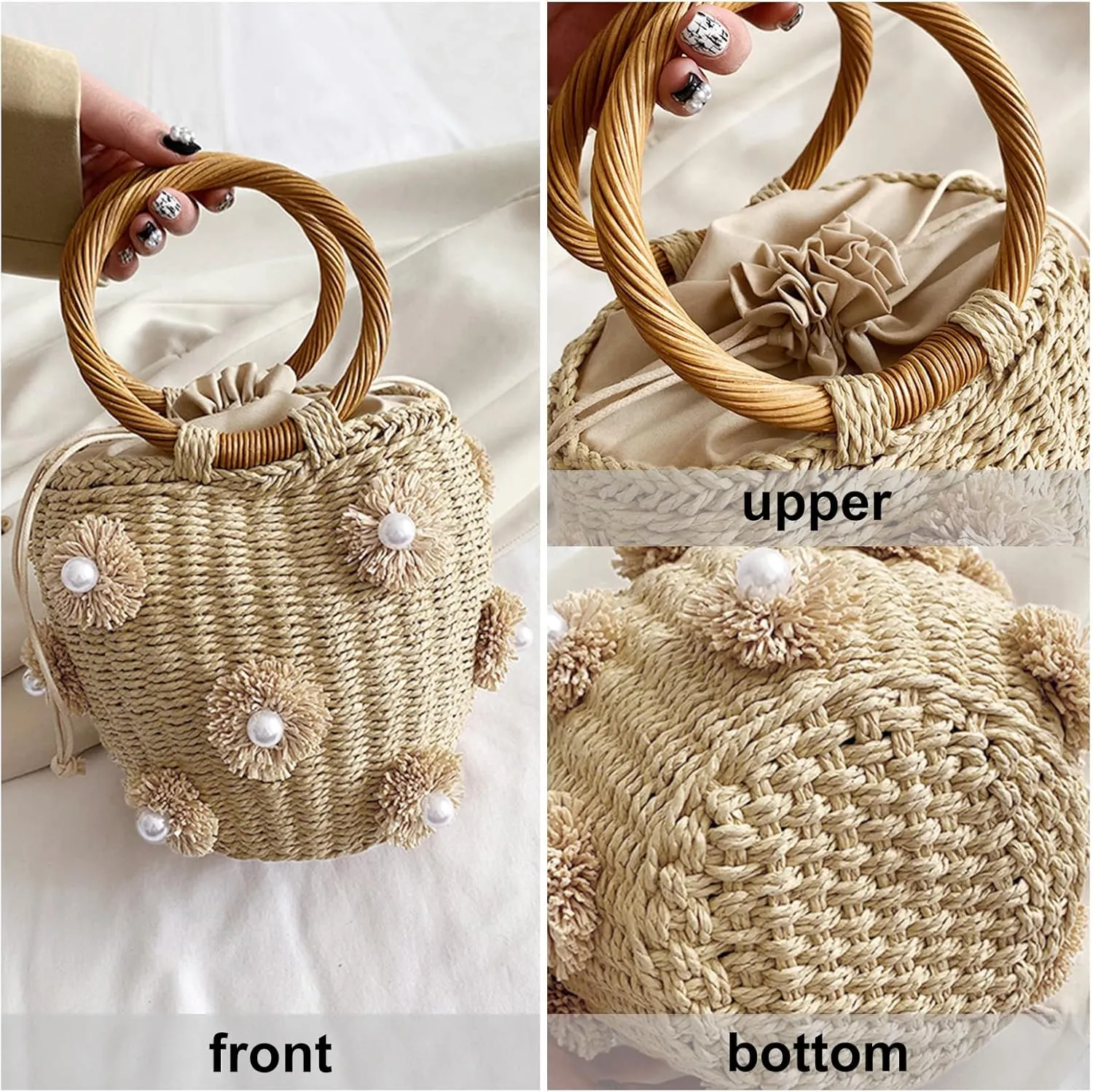 Bucket Straw Handbag, Handmade Tote Bag with Drawstring, Beach Woven Bag Rattan Shoulder Crossbody Basket Purse for Women