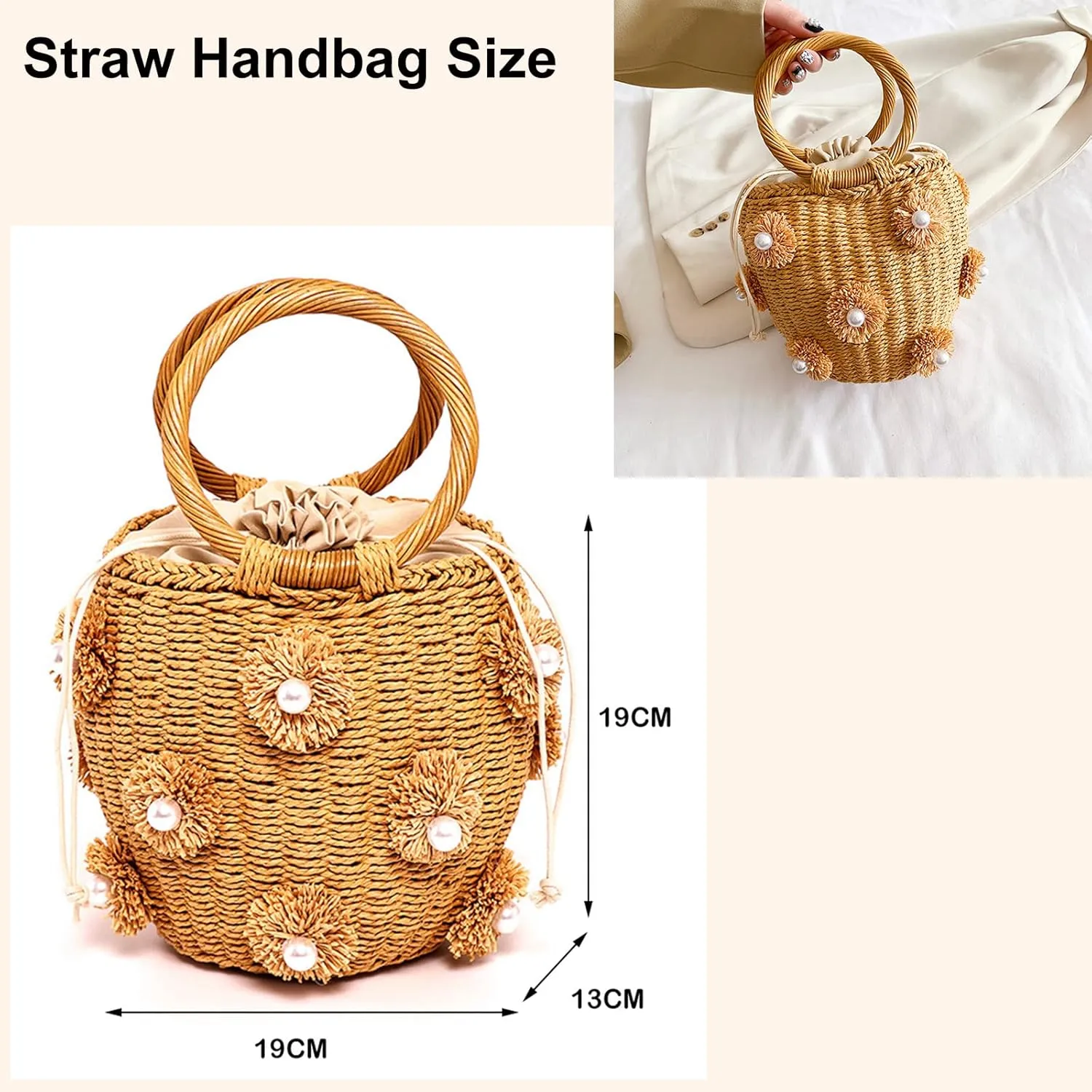 Bucket Straw Handbag, Handmade Tote Bag with Drawstring, Beach Woven Bag Rattan Shoulder Crossbody Basket Purse for Women