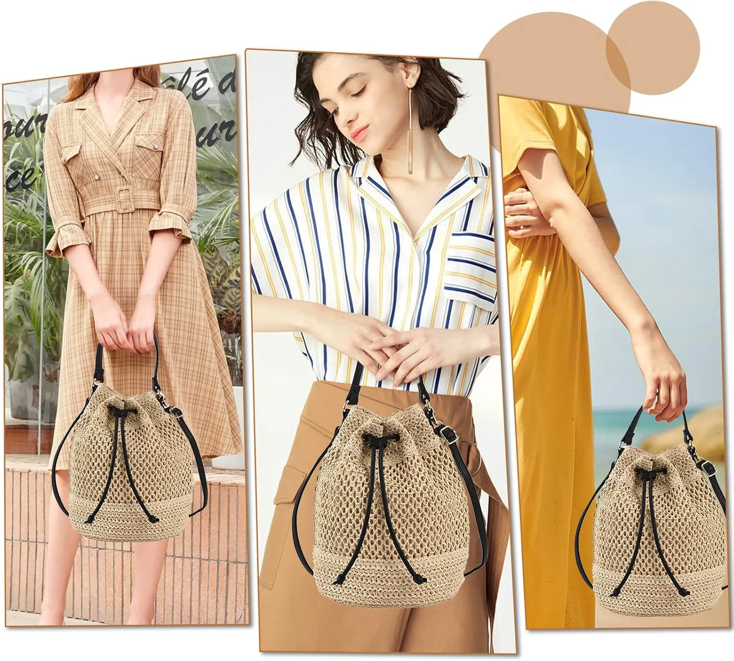 Bucket Straw Handbag, Handmade Tote Bag with Drawstring, Beach Woven Bag Rattan Shoulder Crossbody Basket Purse for Women