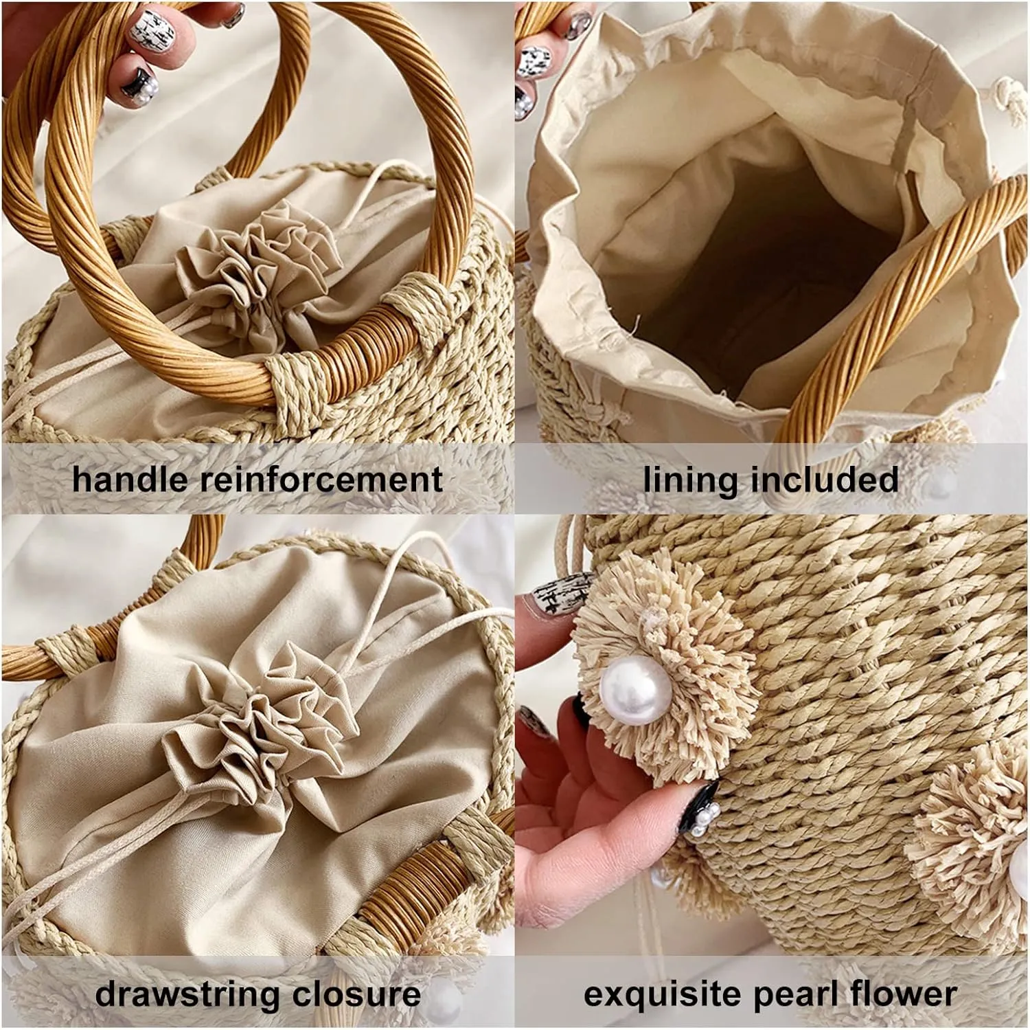 Bucket Straw Handbag, Handmade Tote Bag with Drawstring, Beach Woven Bag Rattan Shoulder Crossbody Basket Purse for Women