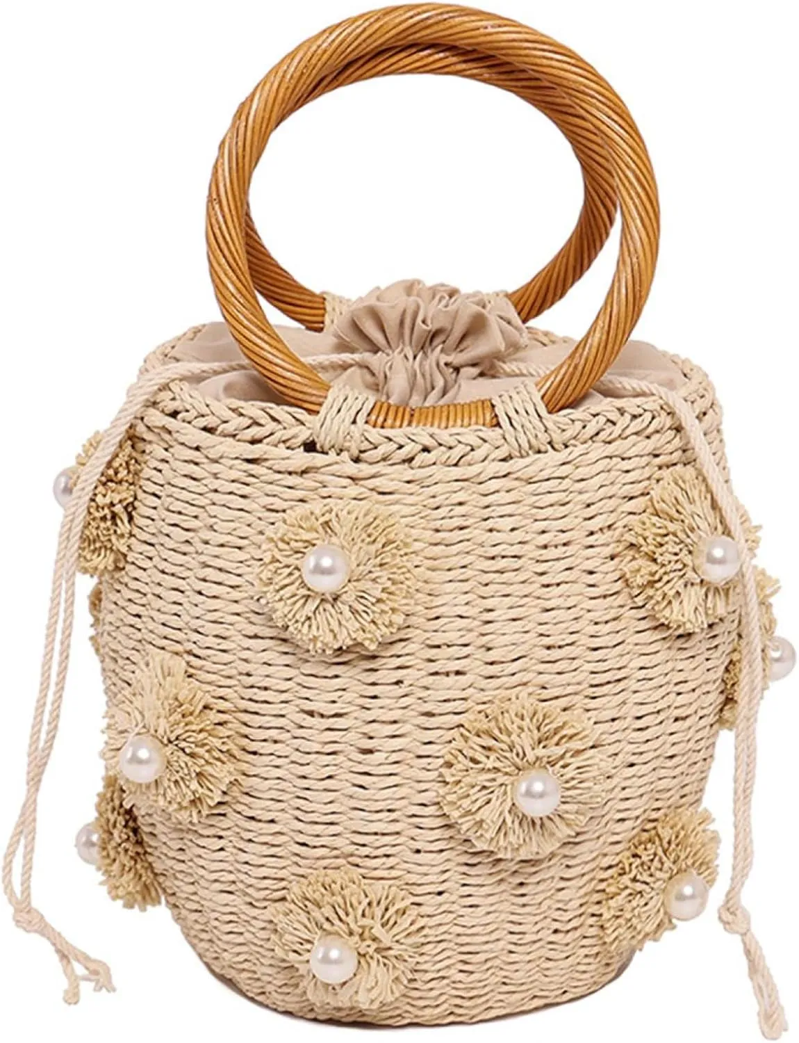 Bucket Straw Handbag, Handmade Tote Bag with Drawstring, Beach Woven Bag Rattan Shoulder Crossbody Basket Purse for Women