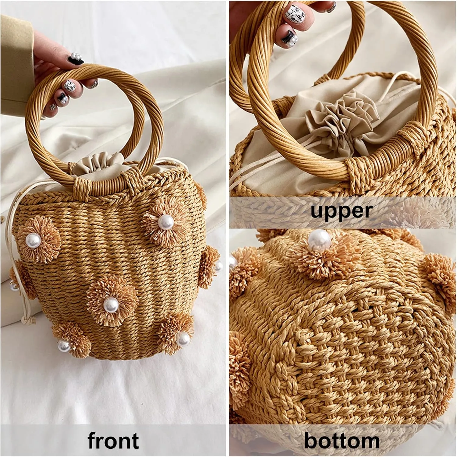 Bucket Straw Handbag, Handmade Tote Bag with Drawstring, Beach Woven Bag Rattan Shoulder Crossbody Basket Purse for Women