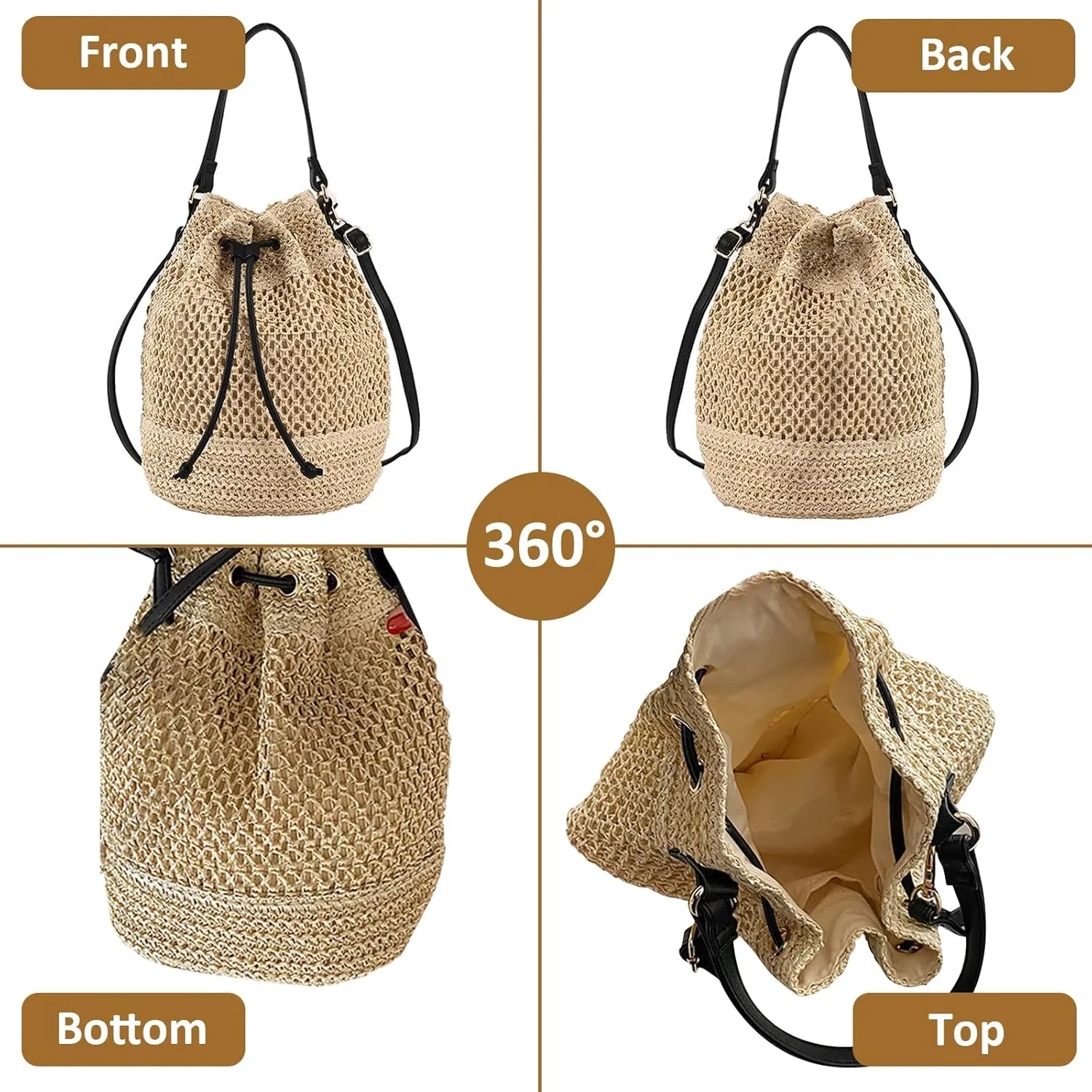 Bucket Straw Handbag, Handmade Tote Bag with Drawstring, Beach Woven Bag Rattan Shoulder Crossbody Basket Purse for Women