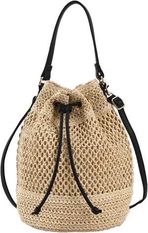 Bucket Straw Handbag, Handmade Tote Bag with Drawstring, Beach Woven Bag Rattan Shoulder Crossbody Basket Purse for Women