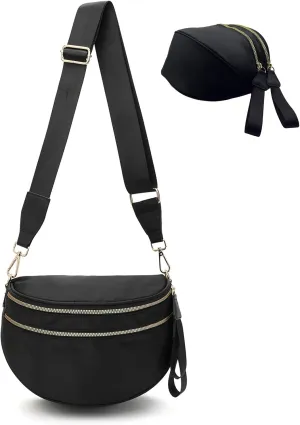 Bum Bags for Women Nylon Crossbody Bag, Spacious Fanny Packs Belt Bag Large Sling Bag with Adjustable Strap (Black)