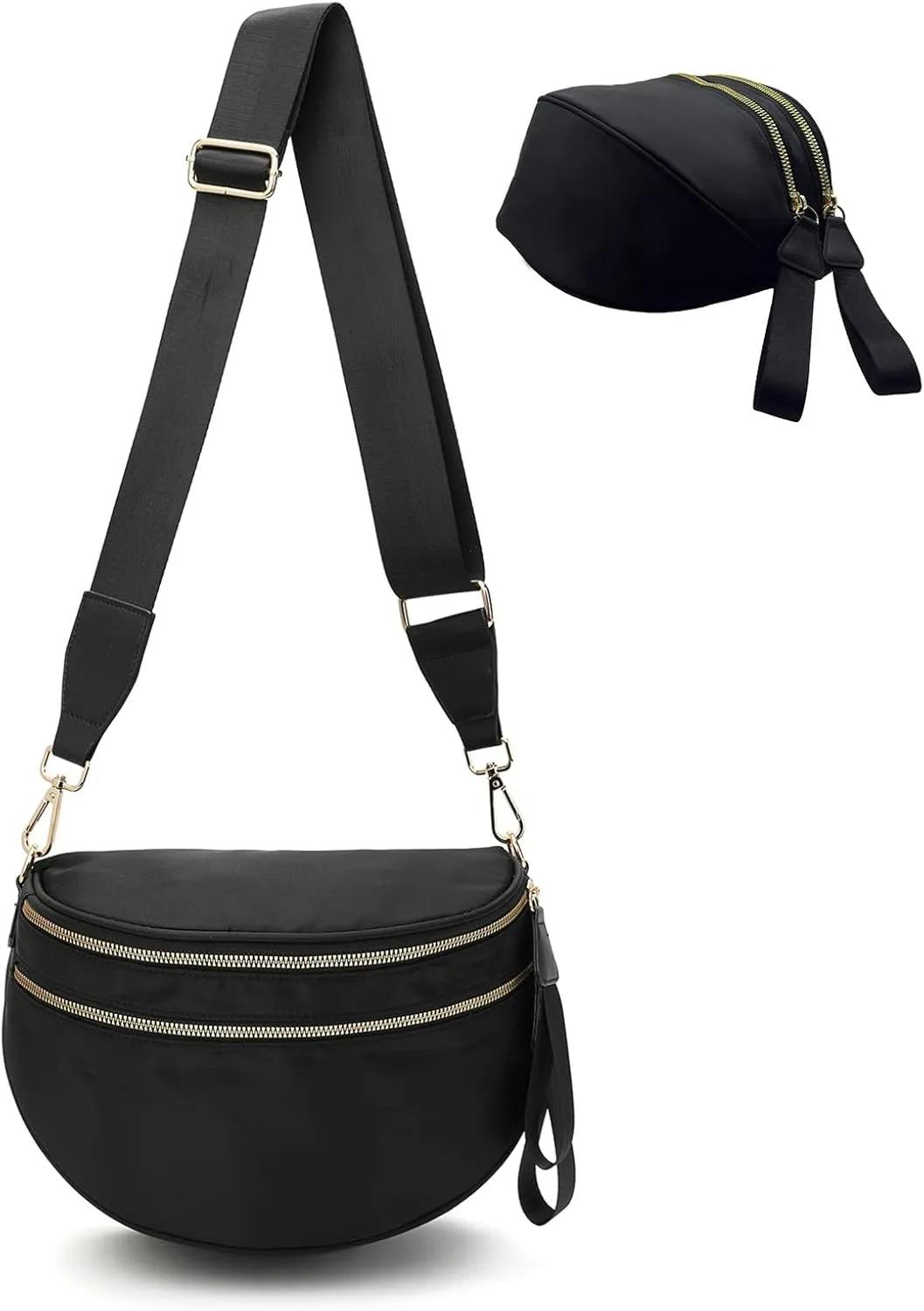 Bum Bags for Women Nylon Crossbody Bag, Spacious Fanny Packs Belt Bag Large Sling Bag with Adjustable Strap (Black)