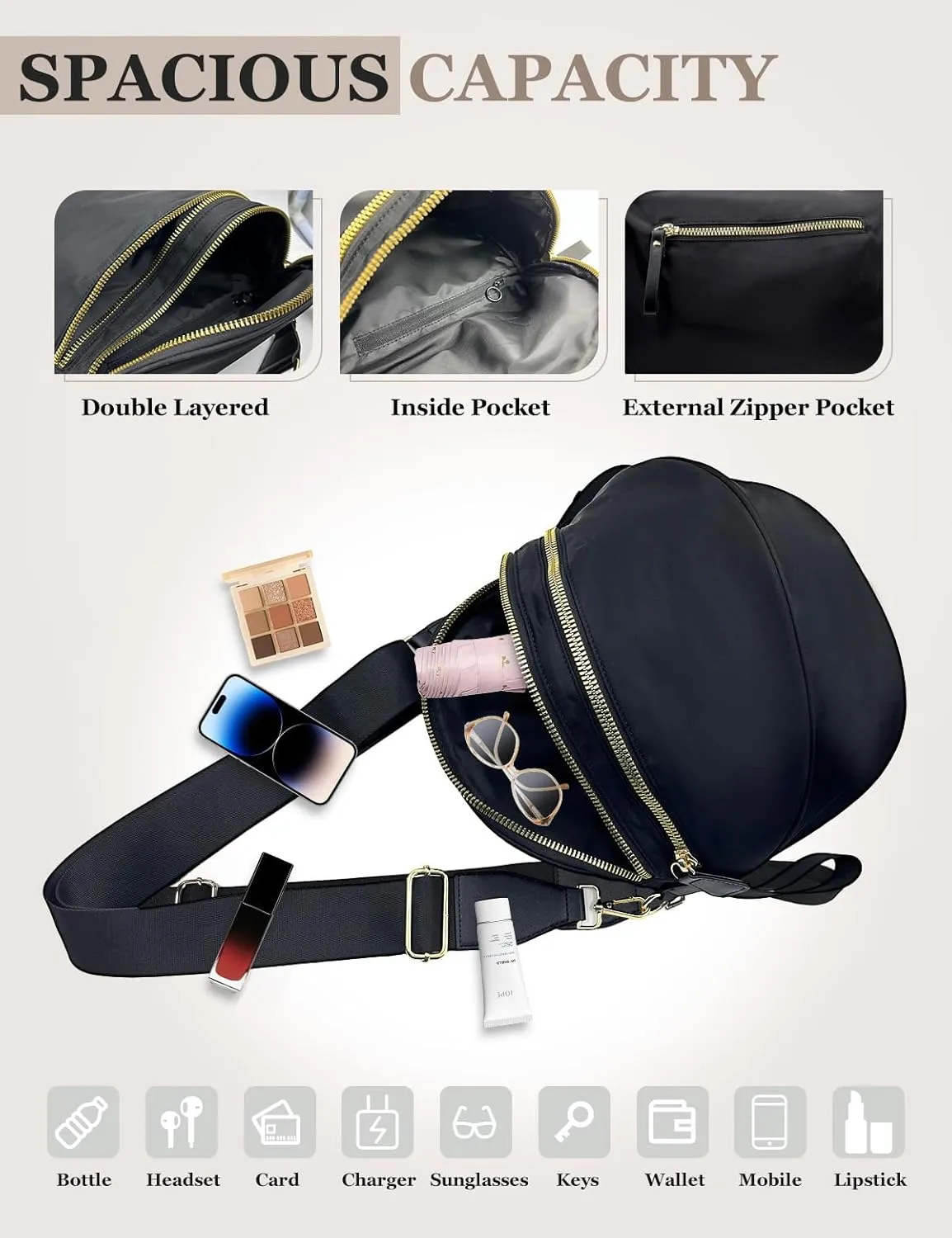 Bum Bags for Women Nylon Crossbody Bag, Spacious Fanny Packs Belt Bag Large Sling Bag with Adjustable Strap (Black)