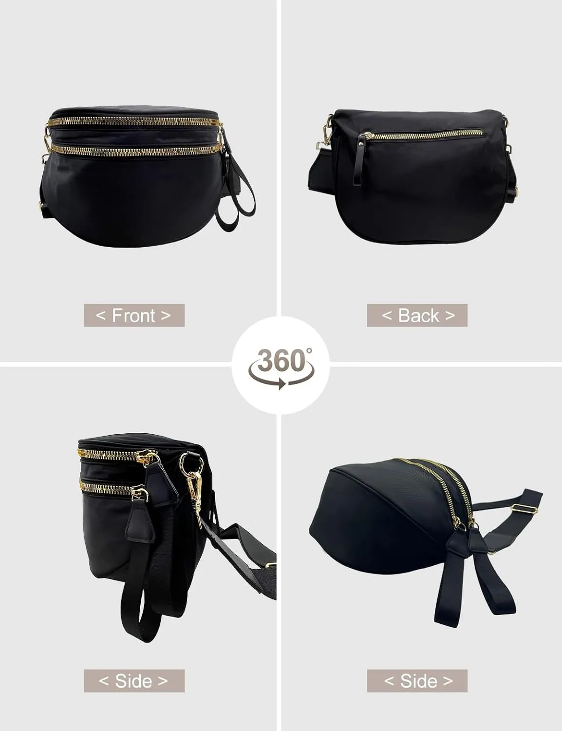 Bum Bags for Women Nylon Crossbody Bag, Spacious Fanny Packs Belt Bag Large Sling Bag with Adjustable Strap (Black)