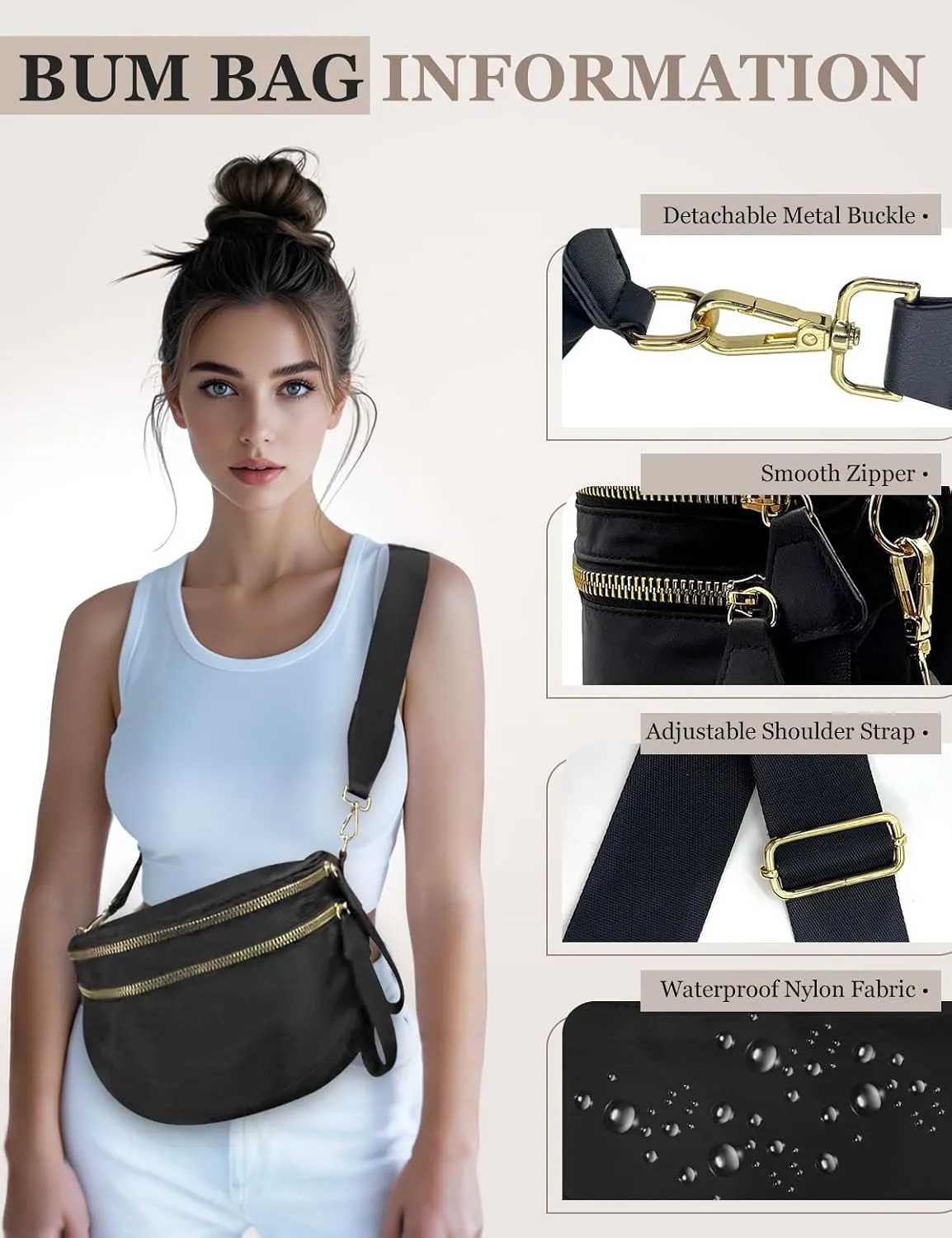 Bum Bags for Women Nylon Crossbody Bag, Spacious Fanny Packs Belt Bag Large Sling Bag with Adjustable Strap (Black)