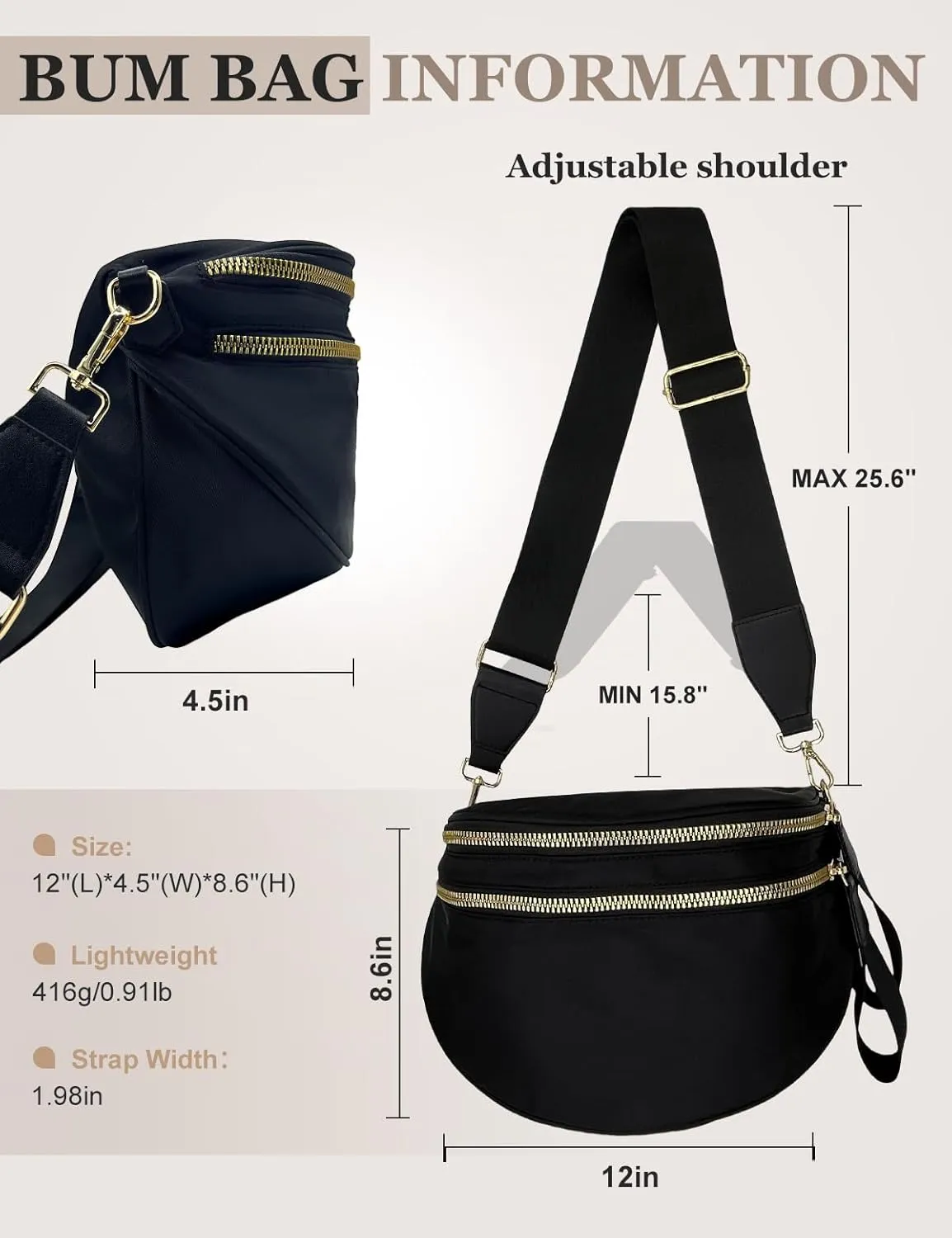 Bum Bags for Women Nylon Crossbody Bag, Spacious Fanny Packs Belt Bag Large Sling Bag with Adjustable Strap (Black)