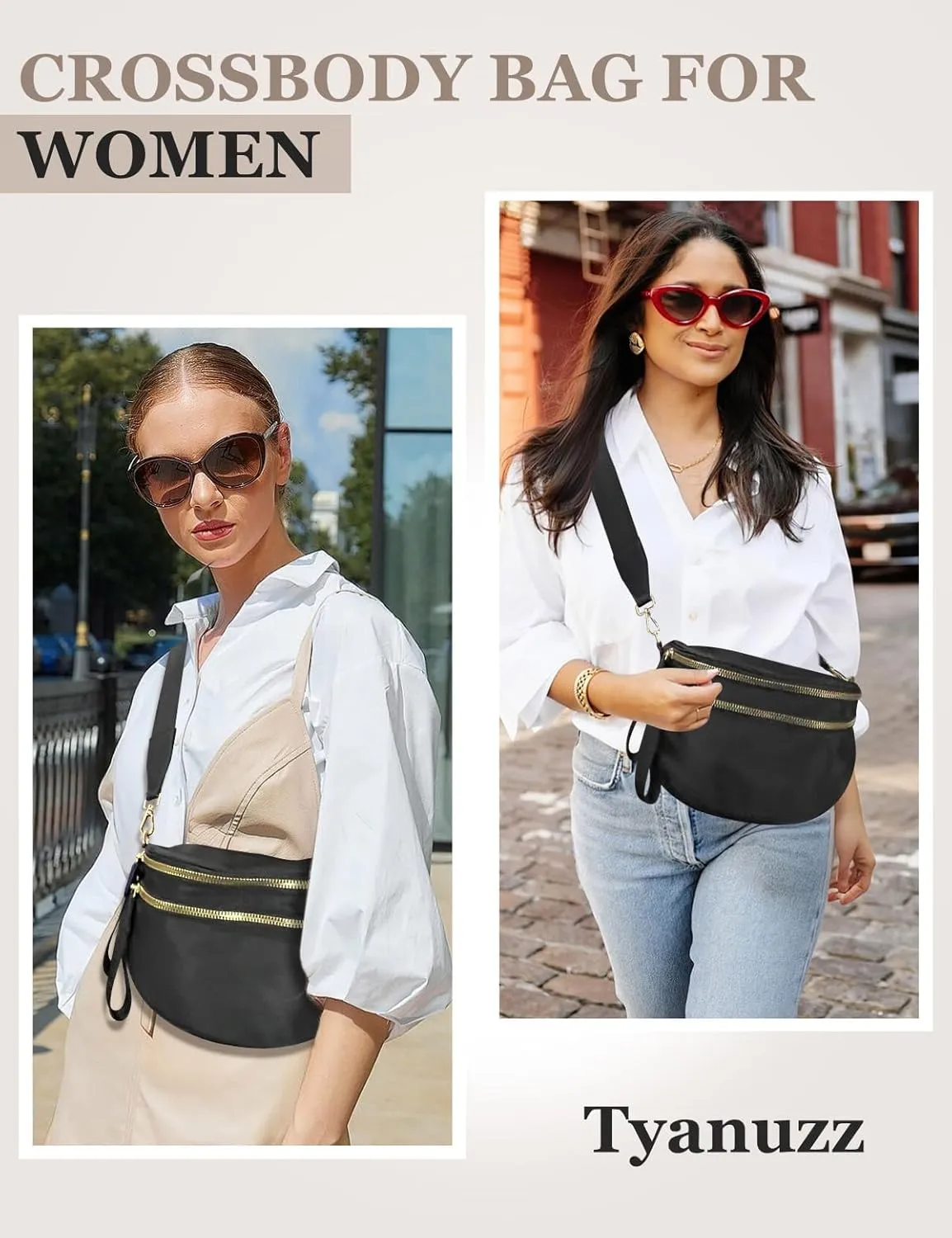 Bum Bags for Women Nylon Crossbody Bag, Spacious Fanny Packs Belt Bag Large Sling Bag with Adjustable Strap (Black)