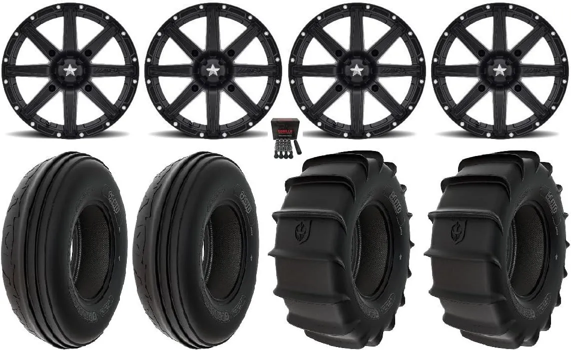 Bundle - 9 Items: MSA Clutch 14" Wheels Black 30" Sand Tires [4x137 Bolt Pattern 12mmx1.5 Lug Kit]