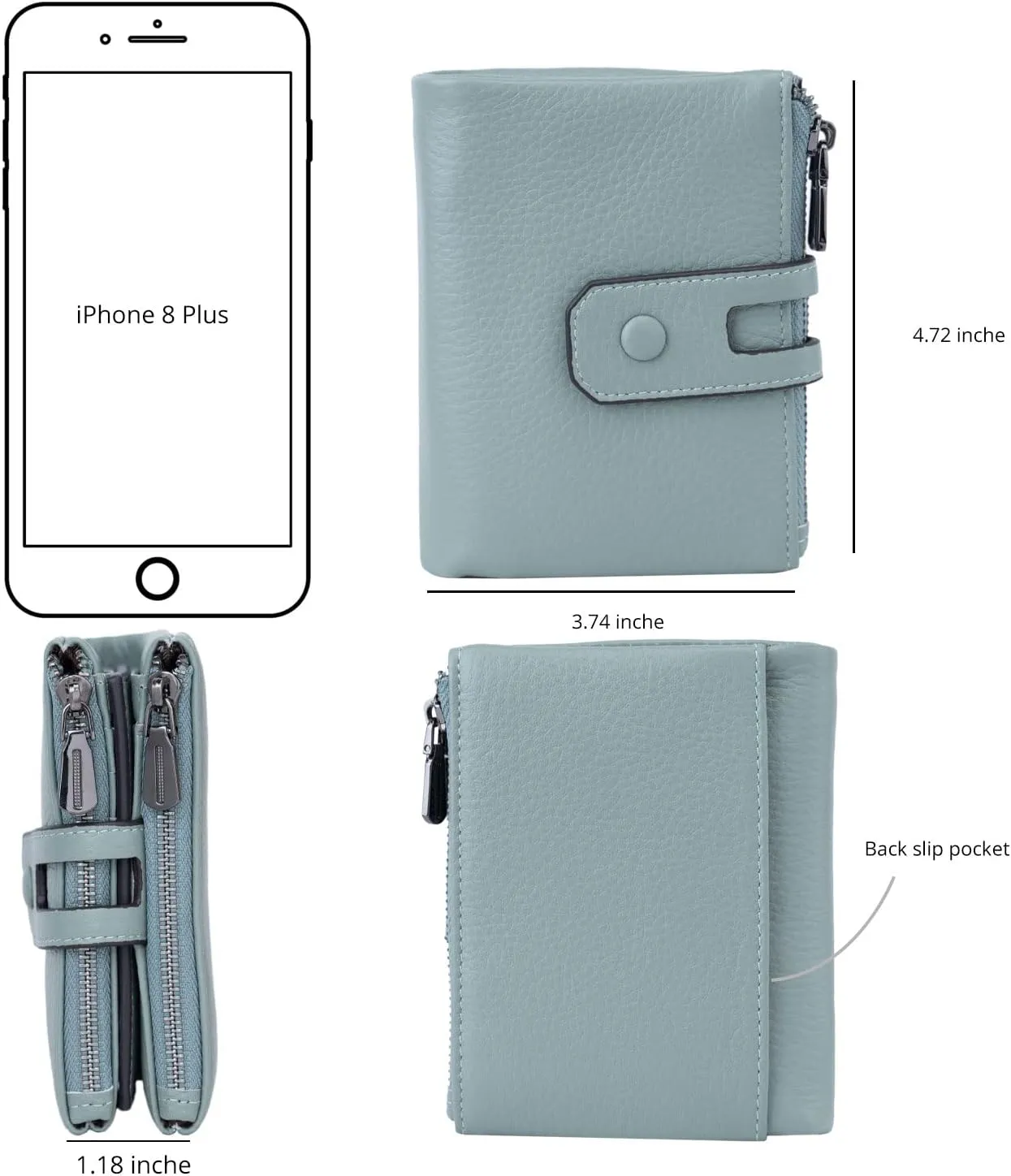 Bveyzi Small Soft Leather Wallet for Women RFID Blocking Ladies Card Holder with Double Zipper Pocket