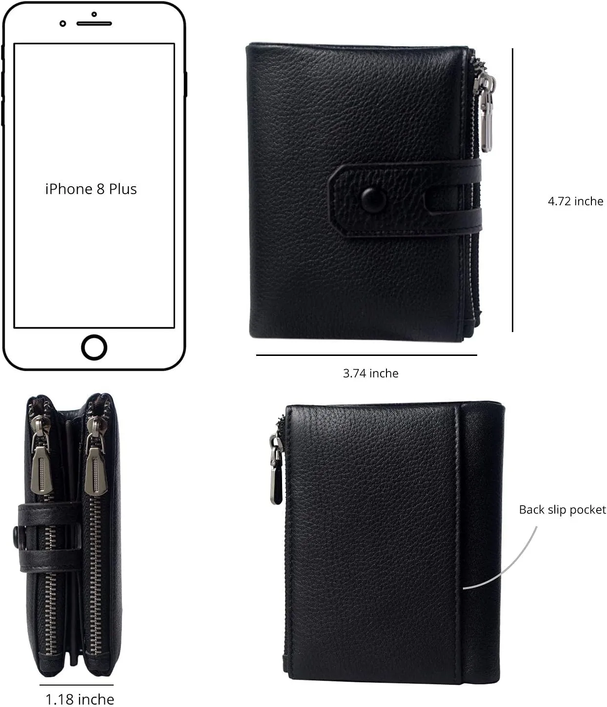 Bveyzi Small Soft Leather Wallet for Women RFID Blocking Ladies Card Holder with Double Zipper Pocket